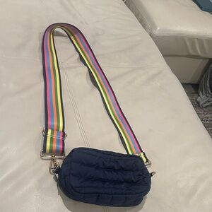 Stylish Navy Crossbody Bag with Rainbow Strap